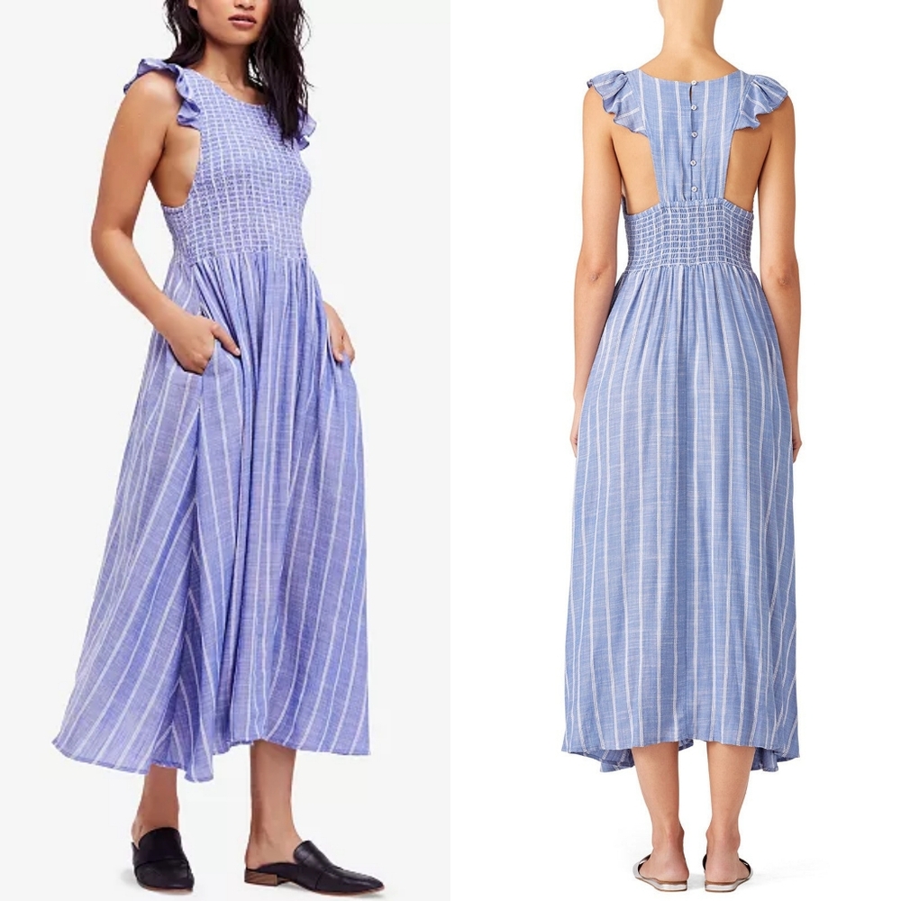 Free People Blue Stripe Backless Smocked Midi Dress